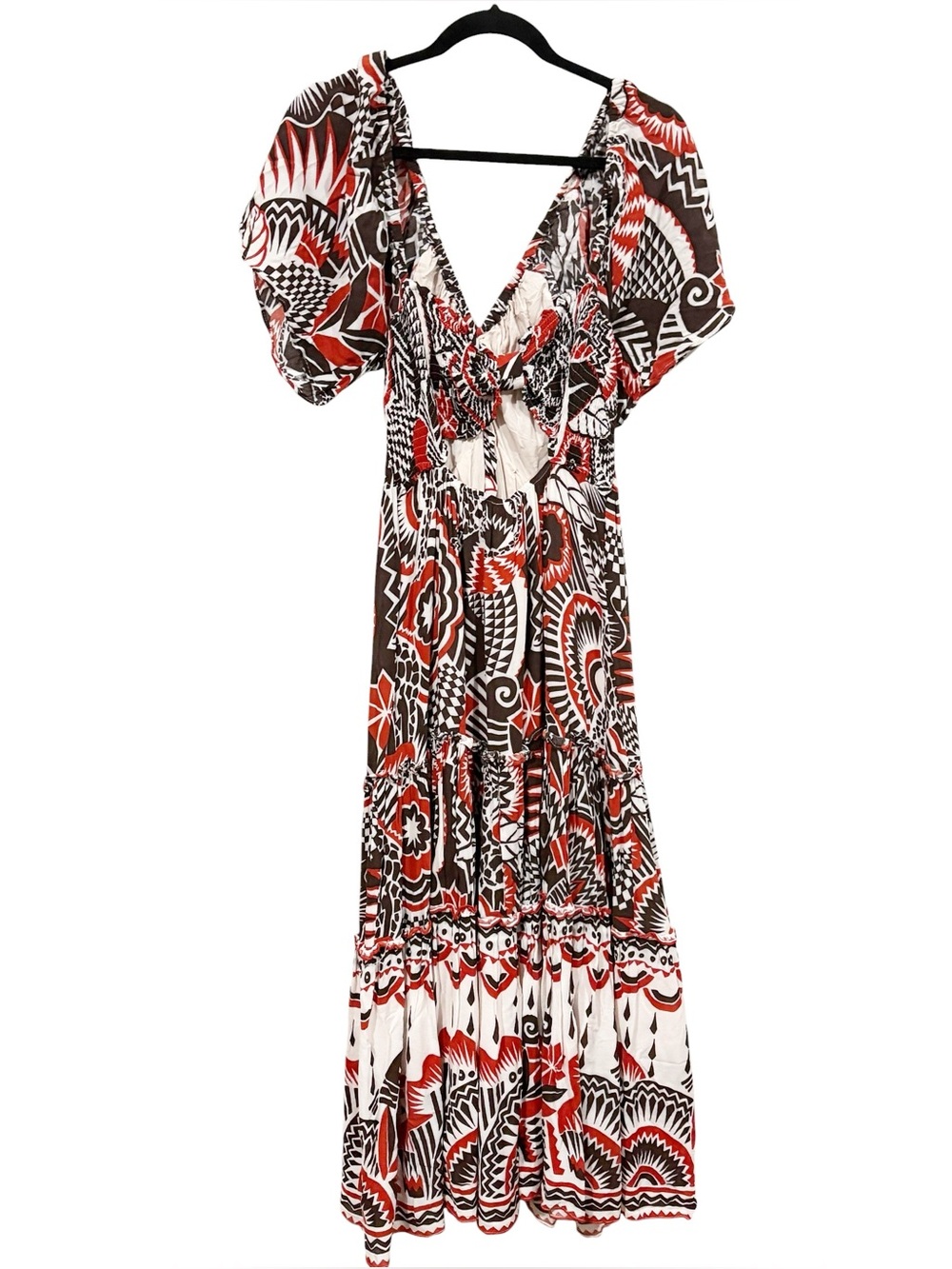 Anthropologie Geometric Boho Maxi Dress Medium M Cutout Back Flutter Sleeve - Picture 5 of 8